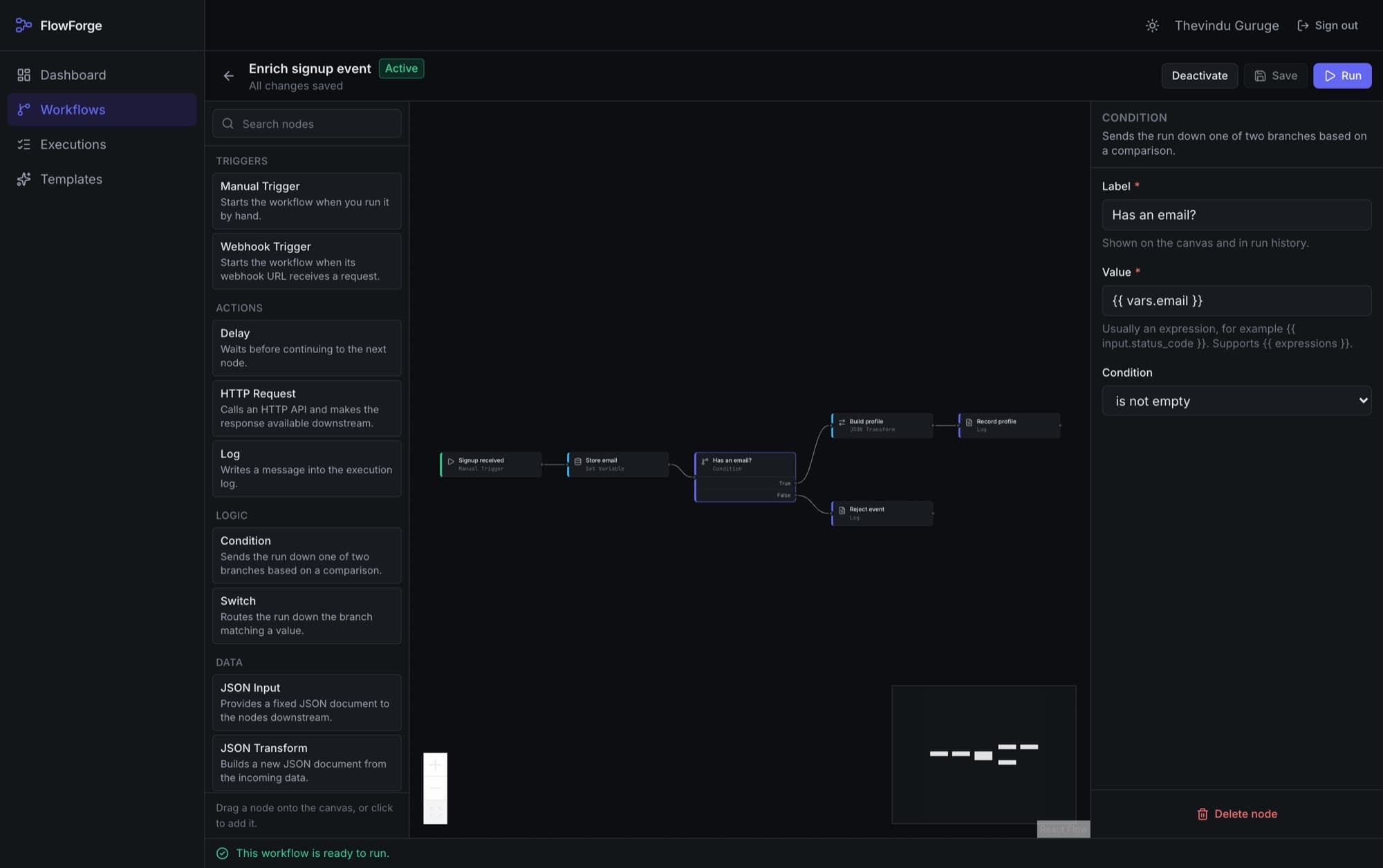FlowForge workflow editor: a node palette, a canvas of connected workflow nodes with branch handles, and a configuration panel.